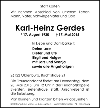 Traueranzeige von Karl-Heinz Gerdes von Nordwest-Zeitung