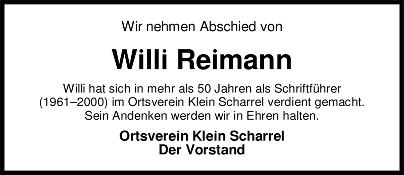  Traueranzeige für Willi Reimann vom 20.06.2009 aus Nordwest-Zeitung