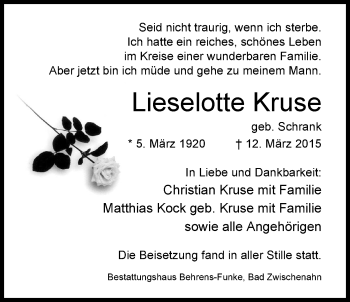 Traueranzeige von Lieselotte Kruse von Nordwest-Zeitung