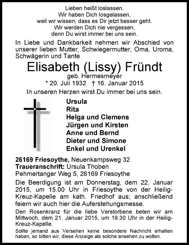  Traueranzeige für Eliabeth (Lissy) Fründt vom 20.01.2015 aus Nordwest-Zeitung