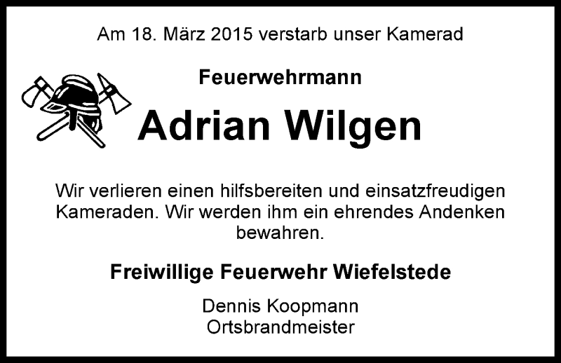  Traueranzeige für Adrian Wilgen vom 25.03.2015 aus Nordwest-Zeitung
