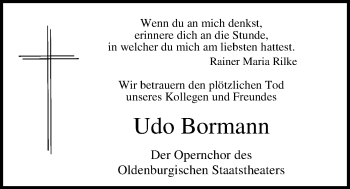 Traueranzeige von Udo Bormann von Nordwest-Zeitung