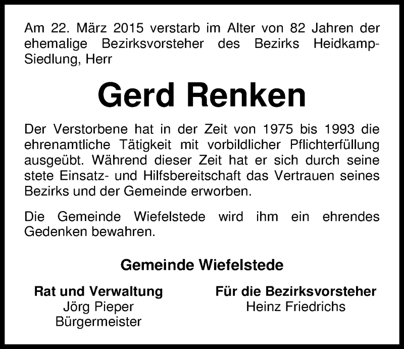  Traueranzeige für Gerd Renken vom 28.03.2015 aus Nordwest-Zeitung