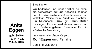 Traueranzeige von Anita Eggen von Nordwest-Zeitung