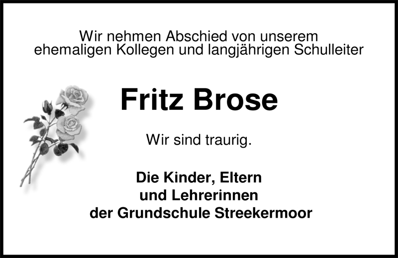  Traueranzeige für Fritz Brose vom 12.03.2009 aus Nordwest-Zeitung