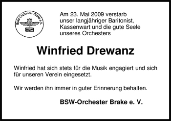 Traueranzeige von Winfried Drewanz von Nordwest-Zeitung