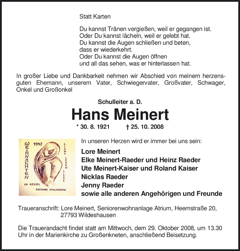  Traueranzeige für Hans Meinert vom 27.10.2008 aus Nordwest-Zeitung