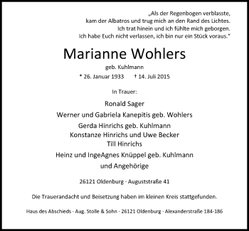 Traueranzeige von Marianne Wohlers von Nordwest-Zeitung
