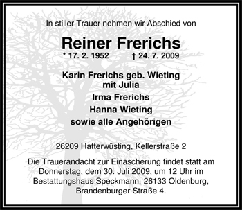 Traueranzeige von Reiner Frerichs von Nordwest-Zeitung