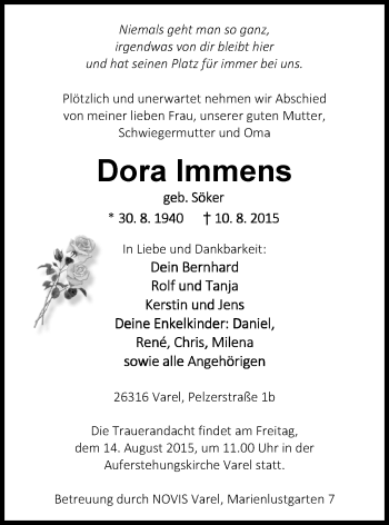 Traueranzeige von Dora Immens von Nordwest-Zeitung