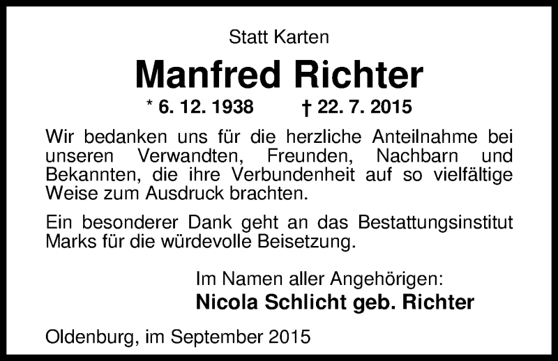  Traueranzeige für Manfred Richter vom 05.09.2015 aus Nordwest-Zeitung