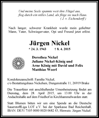 Traueranzeige von Jürgen Nickel von Nordwest-Zeitung