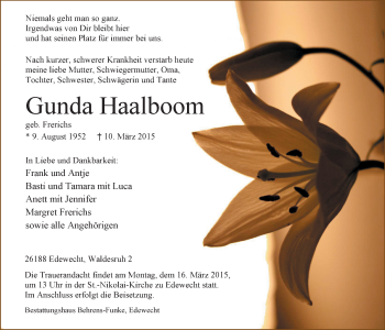 Traueranzeige von Gunda Haalboom von Nordwest-Zeitung
