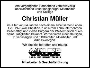 Traueranzeige von Christian Müller von Nordwest-Zeitung