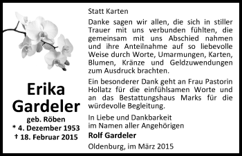 Traueranzeige von Erika Gardeler von Nordwest-Zeitung