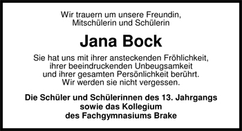 Traueranzeige von Jana Bock von Nordwest-Zeitung