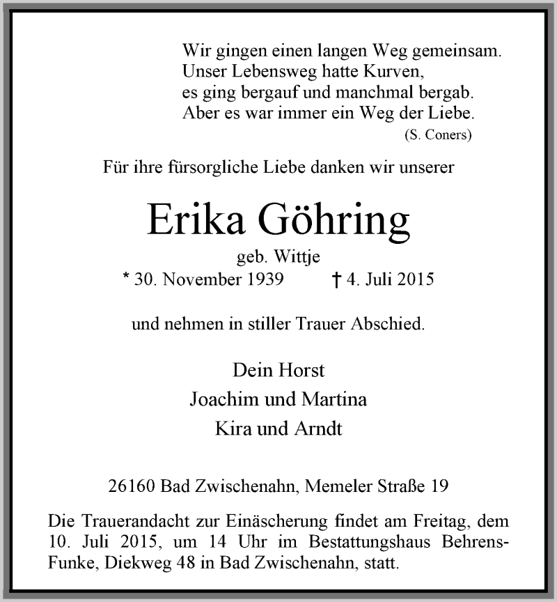  Traueranzeige für Erika Göhring vom 08.07.2015 aus Nordwest-Zeitung