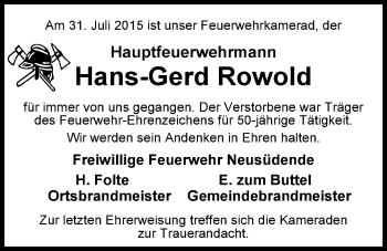 Traueranzeige von Hans-Gerd Rowold von Nordwest-Zeitung