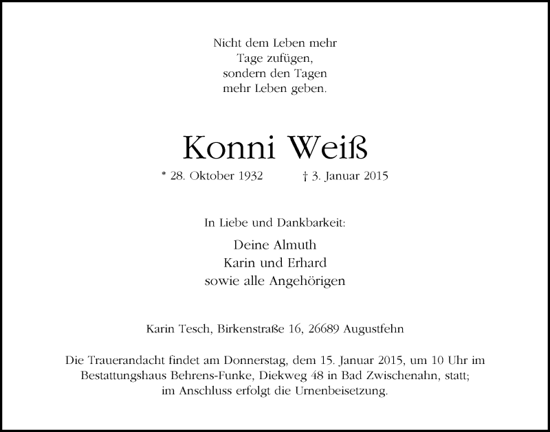  Traueranzeige für Konrad (Konni) Weiß vom 12.01.2015 aus Nordwest-Zeitung