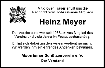 Traueranzeige von Heinz Meyer von Nordwest-Zeitung