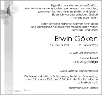 Traueranzeige von Erwin Göken von Nordwest-Zeitung
