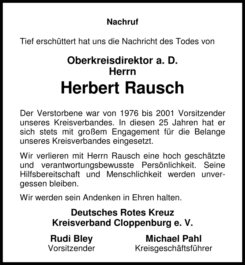  Traueranzeige für Herbert Rausch vom 30.06.2009 aus Nordwest-Zeitung