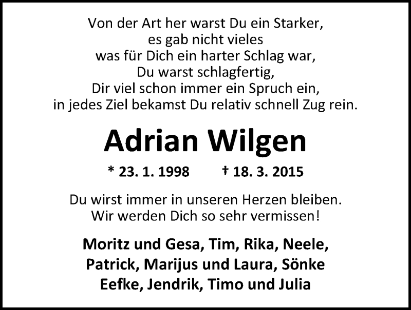  Traueranzeige für Adrian Wilgen vom 26.03.2015 aus Nordwest-Zeitung