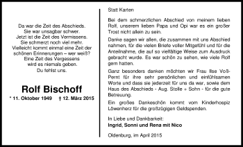 Traueranzeige von Rolf Bischoff von Nordwest-Zeitung
