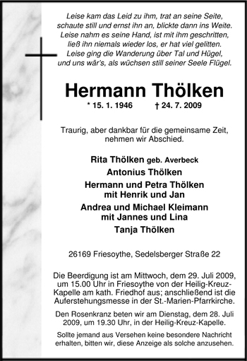 Traueranzeige von Hermann Thölken von Nordwest-Zeitung