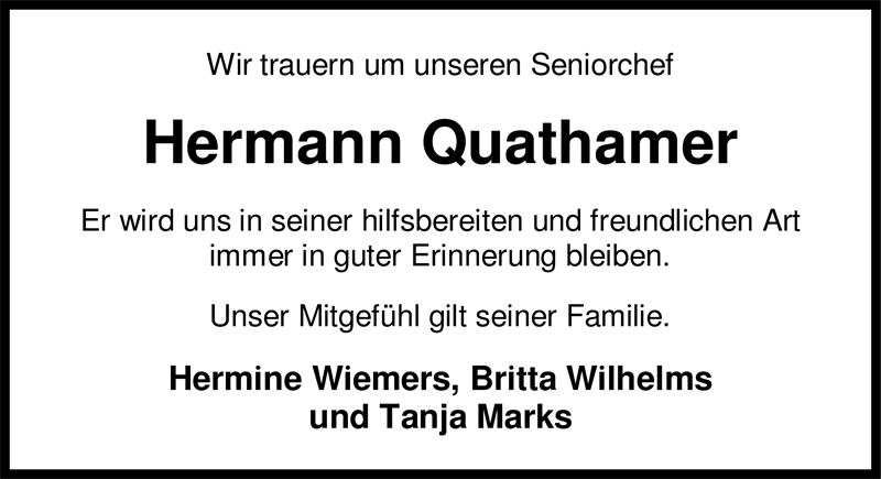  Traueranzeige für Hermann Quathamer vom 16.06.2009 aus Nordwest-Zeitung