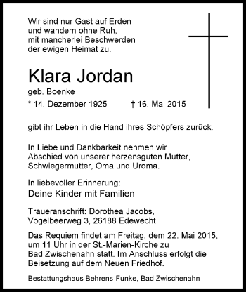 Traueranzeige von Klara Jordan von Nordwest-Zeitung