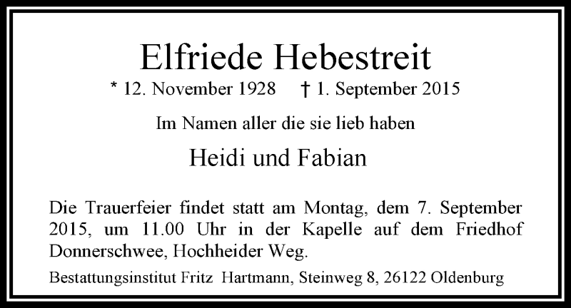  Traueranzeige für Elfriede Hebestreit vom 04.09.2015 aus Nordwest-Zeitung