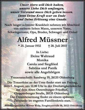 Traueranzeige von Alfred Müssner von Nordwest-Zeitung