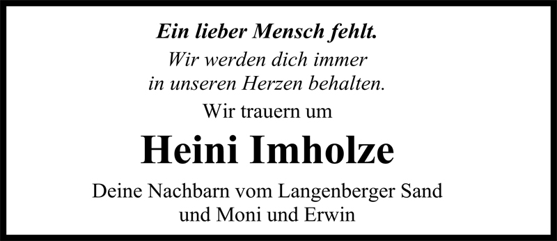  Traueranzeige für Heinrich Imholze vom 12.03.2009 aus Nordwest-Zeitung