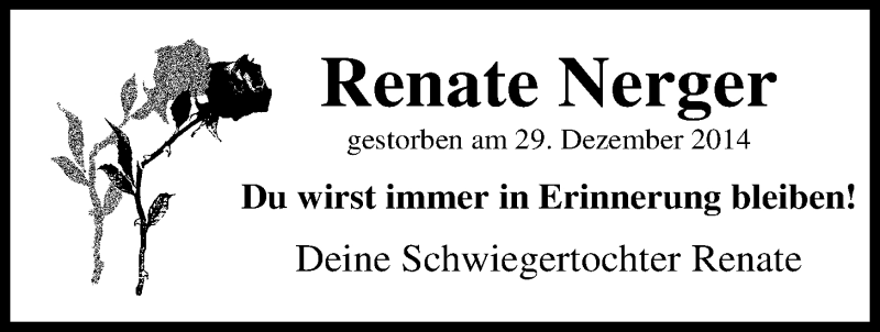  Traueranzeige für Renate Nerger vom 06.01.2015 aus Nordwest-Zeitung
