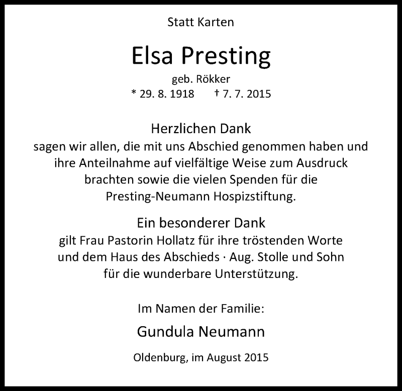 Traueranzeige für Elsa Presting vom 29.08.2015 aus Nordwest-Zeitung