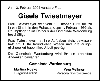 Traueranzeige von Gisela Twiestmeyer von Nordwest-Zeitung