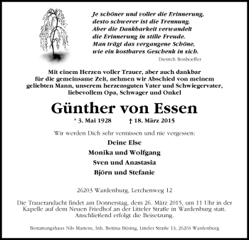 Traueranzeige von Günther von Essen von Nordwest-Zeitung