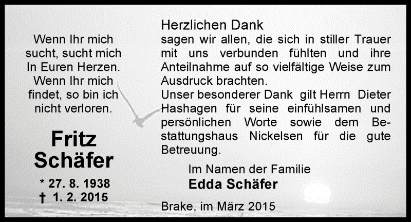  Traueranzeige für Fritz Schäfer vom 14.03.2015 aus Nordwest-Zeitung