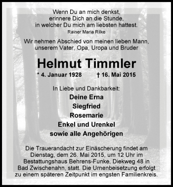 Traueranzeige von Helmut Timmler von Nordwest-Zeitung