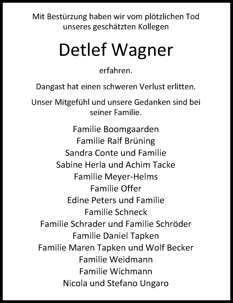  Traueranzeige für Detlef Wagner vom 28.05.2015 aus Nordwest-Zeitung