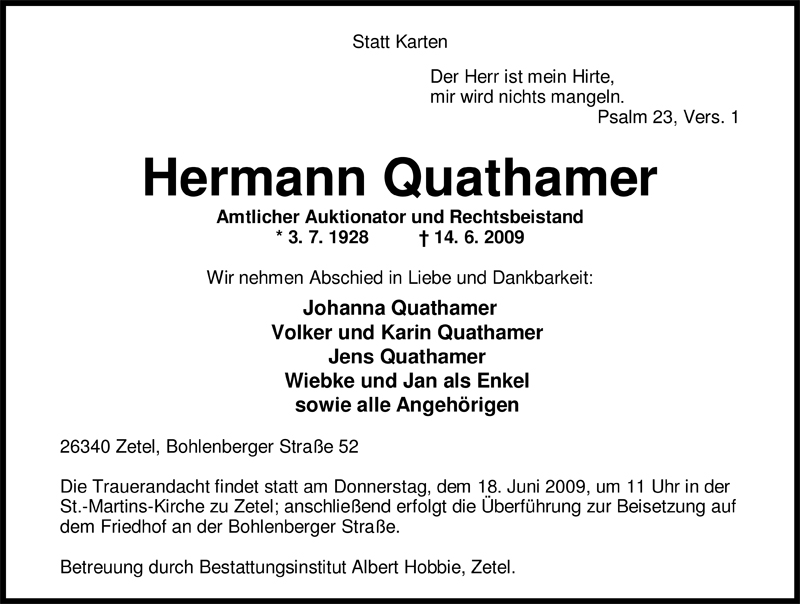  Traueranzeige für Hermann Quathamer vom 16.06.2009 aus Nordwest-Zeitung