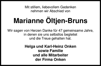 Traueranzeige von Marianne Öltjen-Bruns von Nordwest-Zeitung