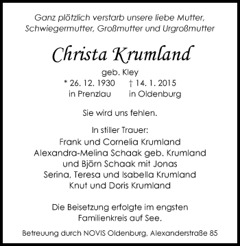 Traueranzeige von Christa Krumland von Nordwest-Zeitung