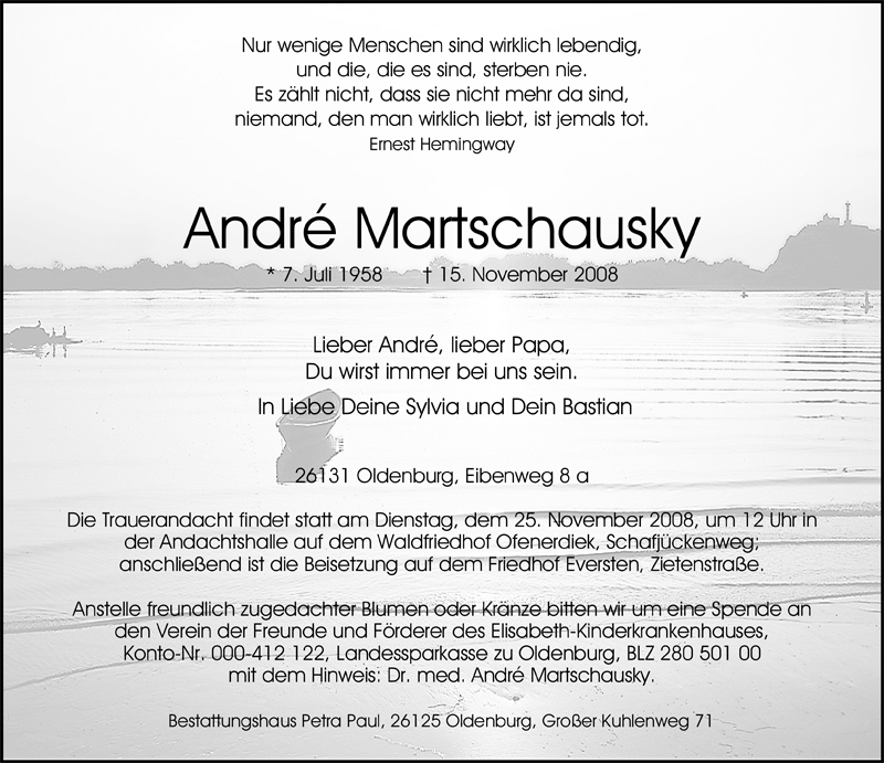  Traueranzeige für André Martschausky vom 20.11.2008 aus Nordwest-Zeitung