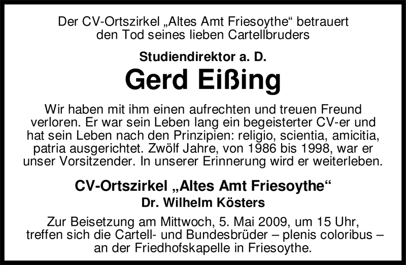  Traueranzeige für Gerhard Eißing vom 04.05.2009 aus Nordwest-Zeitung