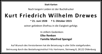 Traueranzeige von Kurt Friedrich Wilhelm Drewes von Nordwest-Zeitung