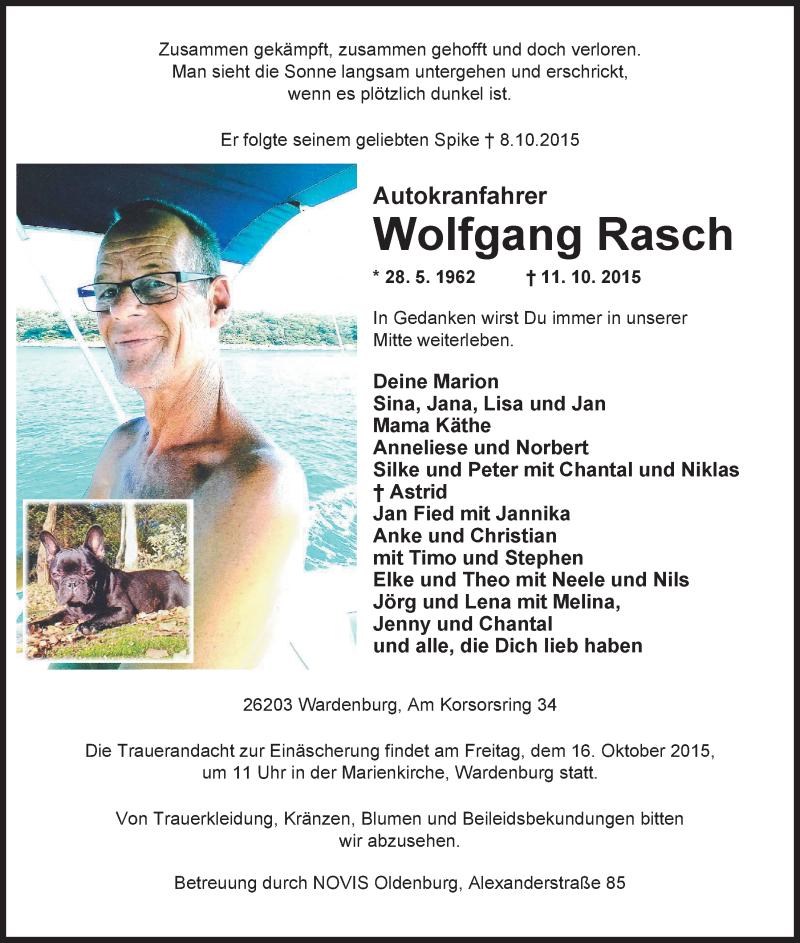  Traueranzeige für Wolfgang Rasch vom 14.10.2015 aus Nordwest-Zeitung