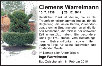 Traueranzeige von Clemens Warrelmann von Nordwest-Zeitung