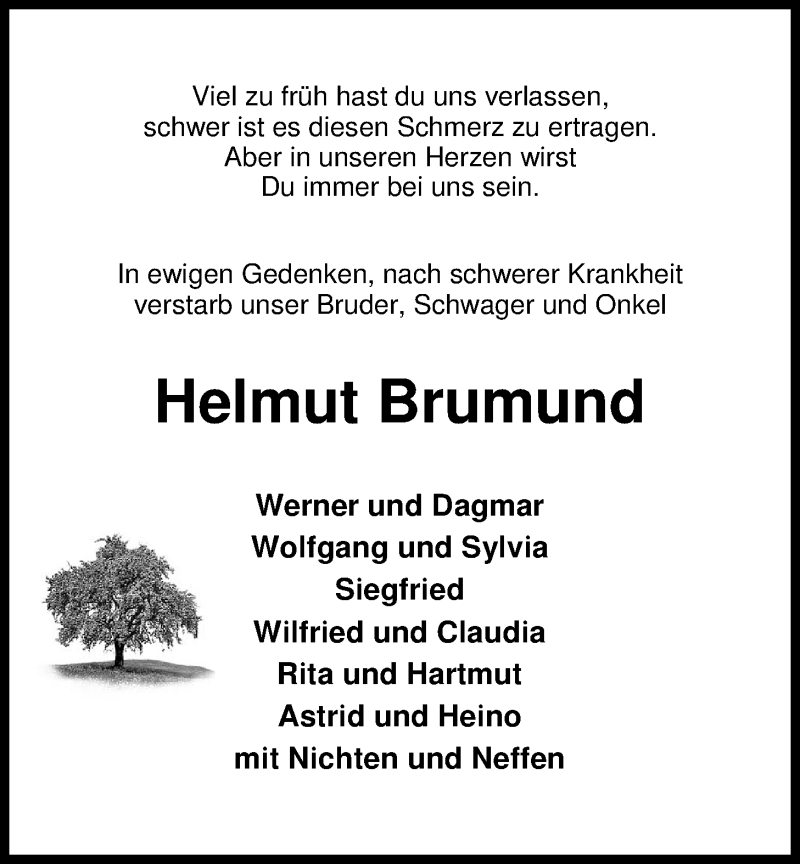  Traueranzeige für Helmut Brumund vom 15.09.2015 aus Nordwest-Zeitung